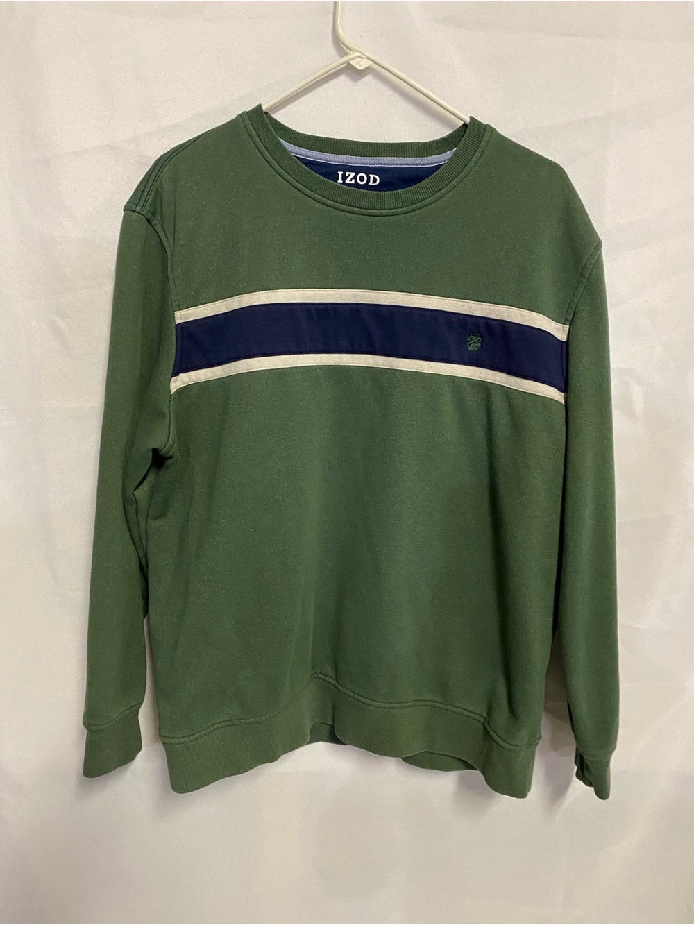 Izod Green Crewneck Sweatshirt with Navy and Cream Stripes
